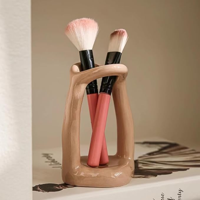 Handmade Ceramic Holder Stand for Toothbrushes, Makeup Brushes, and Pens - Minimalist Design for Bathroom Vanity and Countertops Decor (Milky Brown)