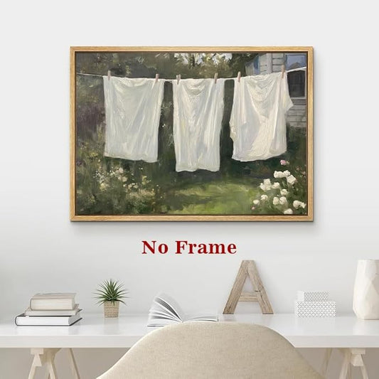 Farmhouse Laundry Picture Vintage Garden Painting Clothesline Canvas Art Cozy Cottage Prints Spring Landscape Artwork Laundry Day Poster Victorian Farmhouse Wall Art for Living Room 16x24in No Frame