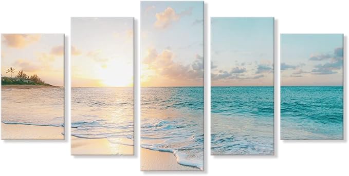 Goldfoilart 5 Pieces Beach Sunset Canvas Wall Art Blue Sea Prints Romantic Ocean Waves Pictures Painting for Living Room Bedroom Home Decorations Wall Decor Ready to Hang