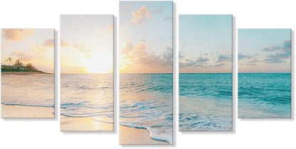 Goldfoilart 5 Pieces Beach Sunset Canvas Wall Art Blue Sea Prints Romantic Ocean Waves Pictures Painting for Living Room Bedroom Home Decorations Wall Decor Ready to Hang