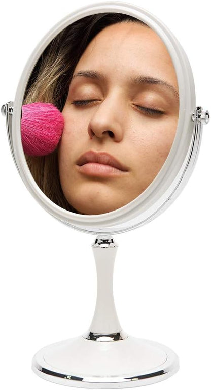 YEAKE Vintage Table Mirror with Stand 8-inch Double Sided Swivel 1X/3X Magnification Desk Mirror with Silver Style 13 Inch Height Standing Tabletop Makeup Vanity Mirror(Oval)