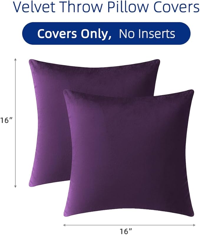 QUORGVES Purple Velvet Pillow Covers 16x16 Inch Set of 2, Soft Solid Decorative Square Throw Pillow Covers, Decor Cushion Covers for Bed Sofa Couch Bedroom Living Room