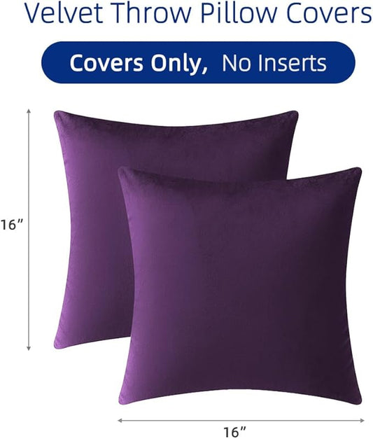 QUORGVES Purple Velvet Pillow Covers 16x16 Inch Set of 2, Soft Solid Decorative Square Throw Pillow Covers, Decor Cushion Covers for Bed Sofa Couch Bedroom Living Room