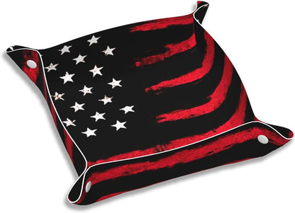Valet Tray Gifts for Men Husband Boyfriend Boys – Catchall Bedside Vanity Tray, Nightstand Caddy Leather Holder for Keys, Wallet, Coins, Trinkets & Jewelry Black Red American Flag 015