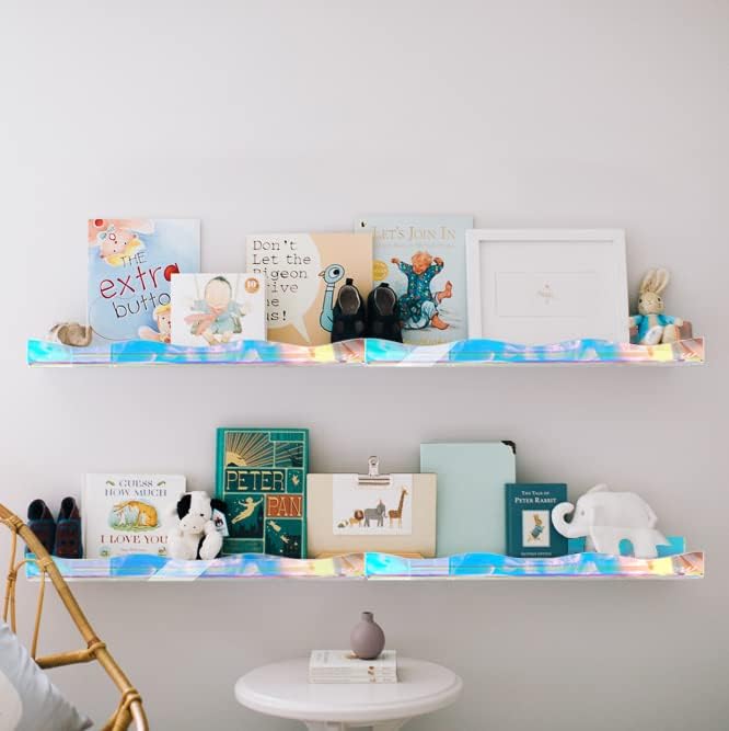 YMVV 35.4 Inches Iridescent Clear Acrylic Books Shelves for Kids Rooms, Floating Shelf Wall Display Bookshelf, Modern Thickened Storage Ledge Shelves Toy Display Organizer Decor 2 Pack