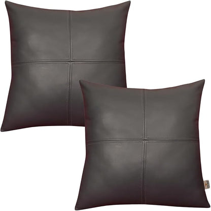 Lambskin Leather Pillow Cover, Hand Panel Stitched Leather Decorative Throw Pillow Covers for Couch Sofa Bed Living Room Garden (22x22 Inches, Dark Grey Pack of 2)