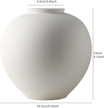 Extra Large White Ceramic Flower vase, Decorative Jar Oversize Modern Centerpiece Table Decorations,Round Shape Rustic Ceramic vases for Home Decor Dining Room (White, 9.4 * 9.4 * 9.1inch)