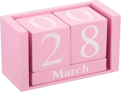PATIKIL Vintage Wood Block Perpetual Calendar, Reusable Wooden Month Date Display Blocks for Desk Office Home Decoration 3.7", Pink