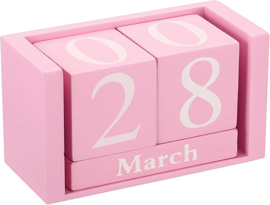 PATIKIL Vintage Wood Block Perpetual Calendar, Reusable Wooden Month Date Display Blocks for Desk Office Home Decoration 3.7", Pink