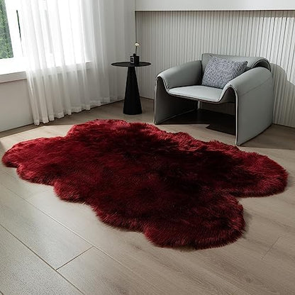 Fluffy Faux Fur Rug Burgundy Sheepskin Area Rug,4x6 Ft Ultra Soft Shaggy Plush Rug for Bedroom Bedside Living Room Nursery Kids Room