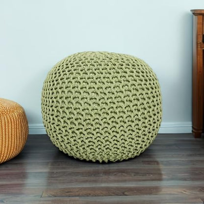 REDEARTH · Round Pouf Foot Stool Ottoman - Cotton Knitted Cord Boho Pouffe - Cable Poof Filled Footrest Stuffed for Living Room - Nursery - Bedroom - Patio - Lounge (19.5"x19.5"x14") - Kiwi