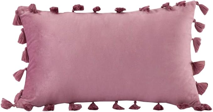 vctops Velvet Soft Solid Decorative Throw Pillow Cover with Tassels Boho Accent Cushion Case for Couch Bedroom Car Pink Purple 12''x20''