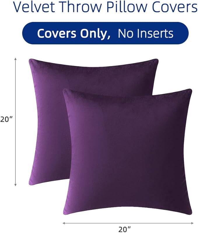 QUORGVES Purple Velvet Pillow Covers 20x20 Inch Set of 2, Soft Solid Decorative Square Throw Pillow Covers, Decor Cushion Covers for Bed Sofa Couch Bedroom Living Room