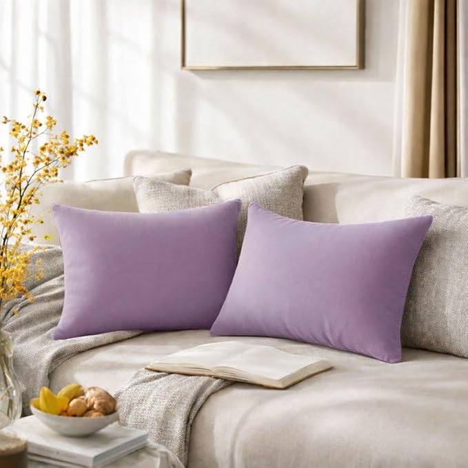 QUORGVES Light Purple Velvet Pillow Covers 12x20 Inch Set of 2, Soft Solid Decorative Lumbar Throw Pillow Covers, Decor Cushion Covers for Bed Sofa Couch Bedroom Living Room - Mauve