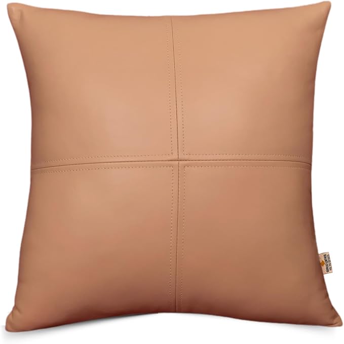 Lambskin Leather Pillow Cover, Hand Panel Stitched Leather Decorative Throw Pillow Covers for Couch Sofa Bed Living Room Garden (20x20 Inches, Beige Pack of 1)