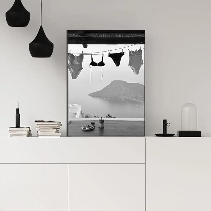 Black and White Photography Canvas Wall Art, Summer Coastal Hanging Bikini Aesthetic Poster, Vintage Trendy Beach Landscape Picture, Museum Photo Art Coastal Print for Bedroom 12x16in Framed