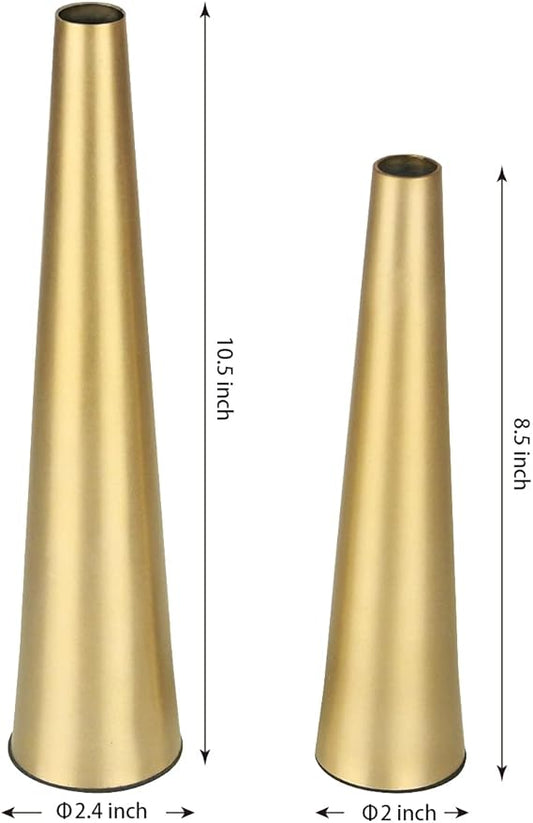 Vixdonos 10.5/8.5 inch Gold Metal Vase Small Dried Flower Vase Set of 2 Taper Vase for Wedding Table Centerpiece Decorations, Home Decor (Gold)