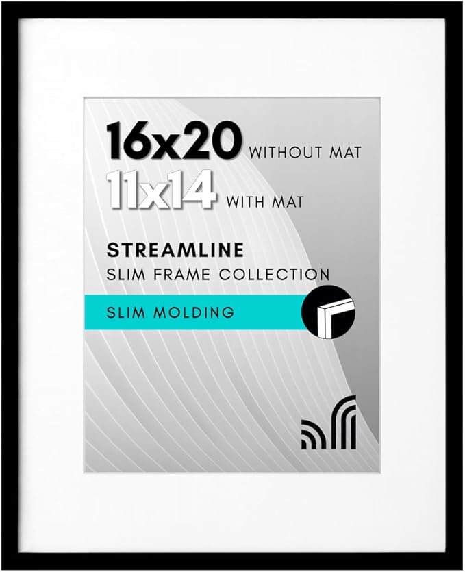Americanflat 16x20 Picture Frame with Polished Plexiglass - Use as 11x14 Frame with Mat or Display 16x20 Photo Without Mat - Streamline Collection - Thin Border Picture Frames for Wall - Black