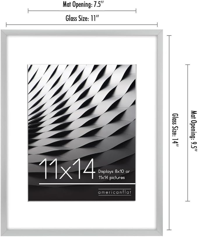 Americanflat 11x14 Picture Frame with Shatter-Resistant Glass - Use as 8x10 Frame with Mat or Display 11x14 Photo Without Mat - Streamline Collection - Thin Border Picture Frames for Wall - Silver