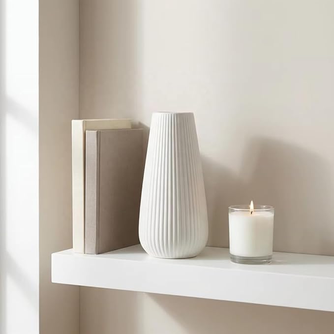 Luxury White Ceramic Vase, Modern Ribbed Fluted Design, Flower Vase for Home Decor, Cute Vase for Pampas Grass, Living Room, Dining Table, Farmhouse, Office, Bedroom, Kitchen Shelf