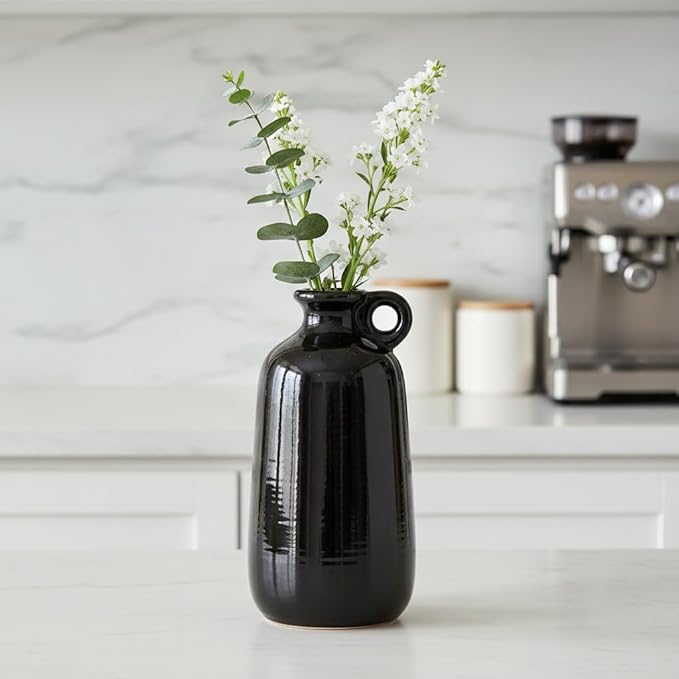 Sunddo Black Ceramic Vase 10 Inch - Tall Modern Decorative Vase with 1 Handle, Elegant Black Statement Piece for Entryway & Mantel