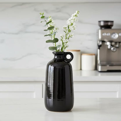 Sunddo Black Ceramic Vase 10 Inch - Tall Modern Decorative Vase with 1 Handle, Elegant Black Statement Piece for Entryway & Mantel