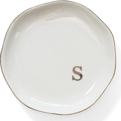 HOME SMILE Initials Ring Dish Jewery Tray with Personalized S-Monogrammed Engagement Wedding Gifts for Friends,Sister,Birthday Christmas Gifts for Women,Ceramic White