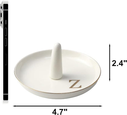 Ceramic Initials Jewelry Tray Ring Dish With Personalized Z-Monogrammed Engagement Wedding Gifts, for Birthday Mother's Day for Women, Ceramic White 4.7" x2.4"