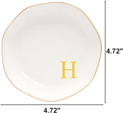 Ceramic Jewelry Tray Initial Ring Dish Personalized H-Monogrammed Engagement Wedding Gifts, for Birthday Mother's Day Christmas for Women, Ceramic White 4.75" (H)