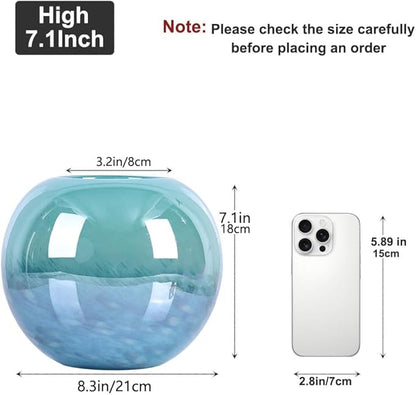 Teal Glass Vase – 7.1in Hand Blown Wide Mouth Art Glass Vase – Turquoise Decorative Vase for Flowers, Centerpieces, Bookshelf, Bathroom, Dining Table or Living Room Display