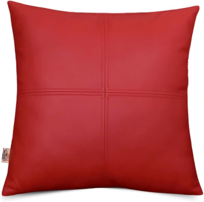 Lambskin Leather Pillow Cover, Hand Panel Stitched Leather Decorative Throw Pillow Covers for Couch Sofa Bed Living Room Garden (16x16 Inches, Cherry Red Pack of 1)