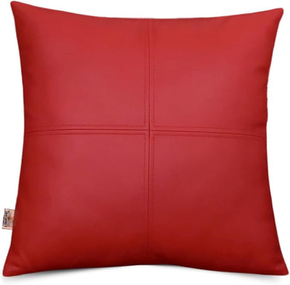 Lambskin Leather Pillow Cover, Hand Panel Stitched Leather Decorative Throw Pillow Covers for Couch Sofa Bed Living Room Garden (16x16 Inches, Cherry Red Pack of 1)
