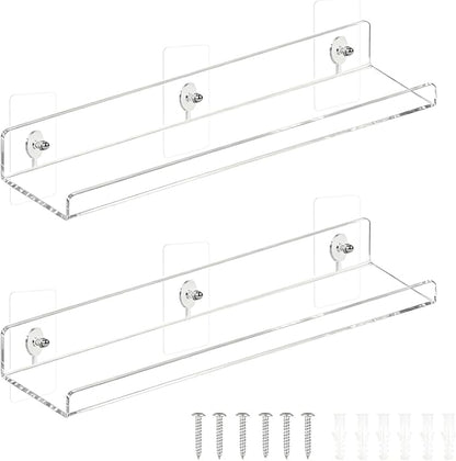 Consss 2 Pack No Drill Floating Shelves for Wall，11.8'' x 3.6'' Clear Acrylic Display Shelf for Living Room,Gaming Room, Office, Bathroom, Bedroom, Kitchen, Invisible Wall Organizers