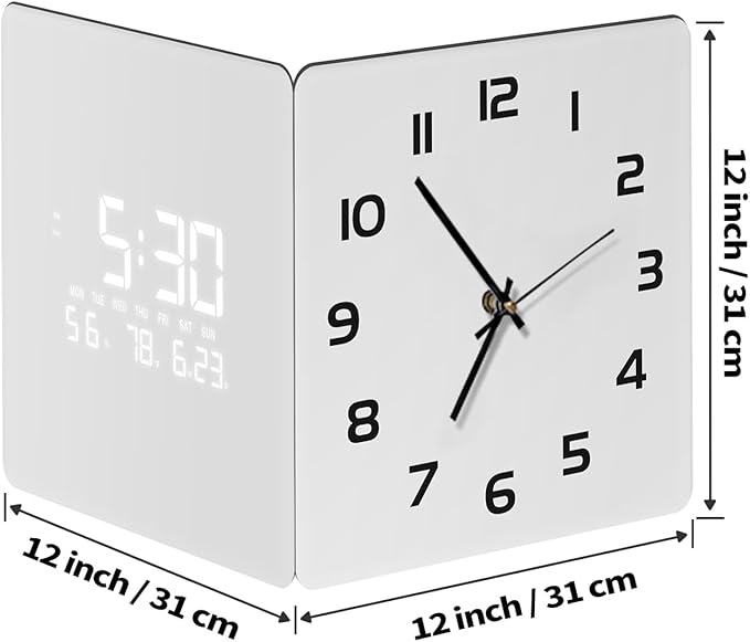 Electric Digital Corner Wall Clock Large Display Temperature 12/24H White Smart Clocks Silent Analog Battery Operated Square Modern Clock with Night Light for Living Room Kitchen Decor 12 Inch
