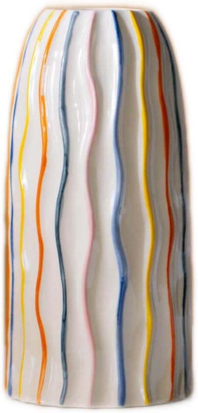 Handmade Beige Ceramic Vase with Colorful Stripes,Modern Boho Home Decor Centerpiece, Unique Holiday&Housewarming Present for Women (Style B)