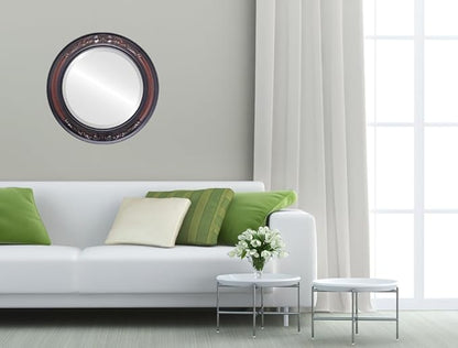 OVALCREST Round Beveled Wall Mirror for Home Decor - Florence Style - Vintage Cherry - 28x28 Outside Dimensions