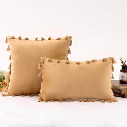 vctops Velvet Soft Solid Decorative Throw Pillow Cover with Tassels Boho Accent Cushion Case for Couch Bedroom Car Khaki 20''x20''