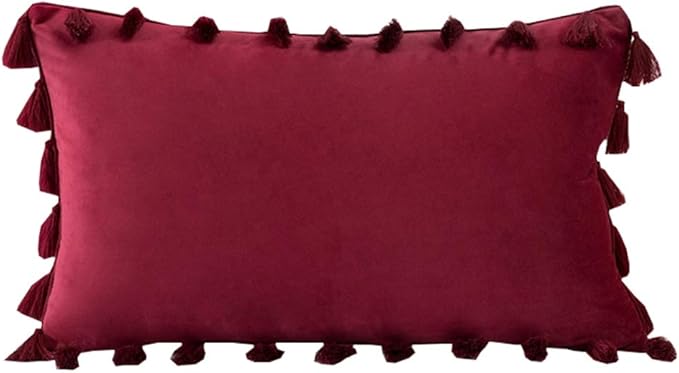 vctops Velvet Soft Solid Decorative Throw Pillow Cover with Tassels Boho Accent Cushion Case for Couch Bedroom Car Wine Red 12''x20''