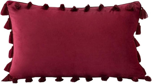 vctops Velvet Soft Solid Decorative Throw Pillow Cover with Tassels Boho Accent Cushion Case for Couch Bedroom Car Wine Red 12''x20''