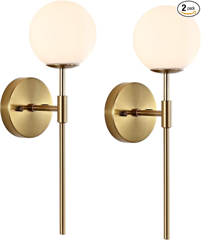 Gold Wall Sconce Set of 2 with White Globe Glass Shades Modern Mid Century Bathroom Vanity Wall Light Fixtures Industrial Brushed Brass Wall Lamp for Bedroom Mirror Living Room Restaurant
