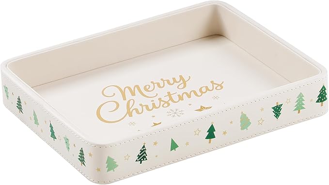 Desk Organizer Tray, PU Leather Valet Tray Nightstand Organizer Cologne Perfume Trays for Men Women, Decorative Vanity Trays Key Bowl Trinket Dish (Christmas Tree Pattern, 10" x 8" x 1.6")