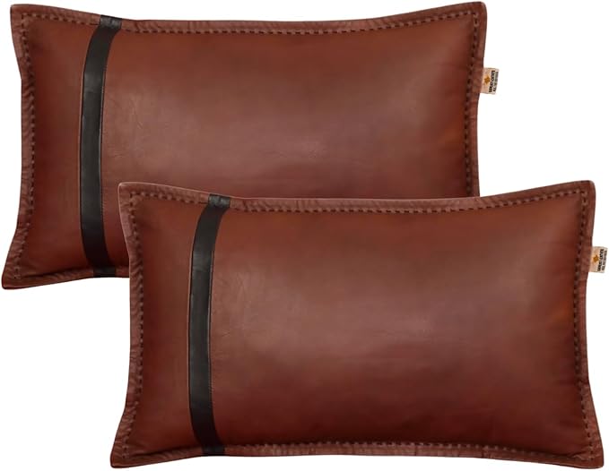 Genuine Lambskin Leather Pillow Cover, 10x18 Inch Case for Lumbar Throw Couch Pillows, Thick & Soft Cushion Covers for Sofa Bed Home Decor (Dark Brown & Black Box Pack of 2)
