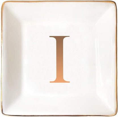 ANOTION Jewelry Tray Ring Dish with Ini-tial Gift- Personalized Trinket Dish and Jewelry Dish with Gold Initials Key Bowl Ceramic Holder, Unique Wedding or Engagement Present