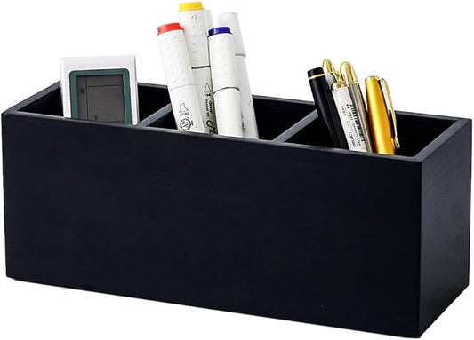 Wood Pens Pencils Holder Cup for Desk Remote Control Holder, Caddy, Organizer, Desktop Storage with 3 Compartments, Makeup Brush Holder, Silverware Caddy for Party, Office Supplies (Black)