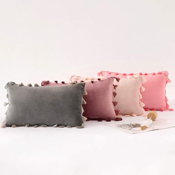 vctops Velvet Soft Solid Decorative Throw Pillow Cover with Tassels Boho Accent Cushion Case for Couch Bedroom Car Pink Purple 12''x20''