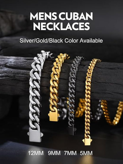 Bandmax Mens Stainless Steel Chain Necklaces 5/7/9/12MM Chunky Miami Cuban Link Chain Necklace Bracelet Silver/Gold Plated/Black Chains for Men 18"-30"