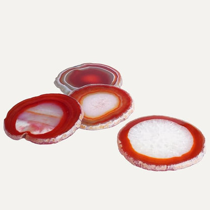 Natural Agate Coasters Set of 4 - Dyed Orange Red Irregular Circle Stone Drink Coasters with Rubber 3-4" Unique Home Decor for Coffee Table Wedding Creative Cards