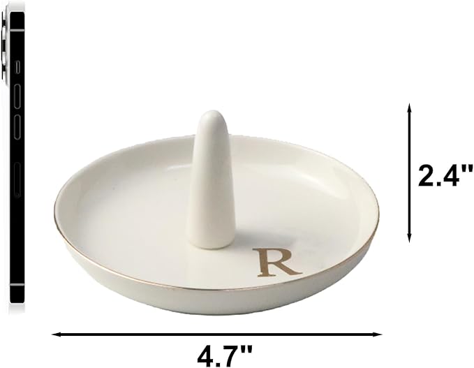 Ceramic Initials Jewelry Tray Ring Dish With Personalized R-Monogrammed Engagement Wedding Gifts, for Birthday Mother's Day for Women, Ceramic White 4.7" x2.4"