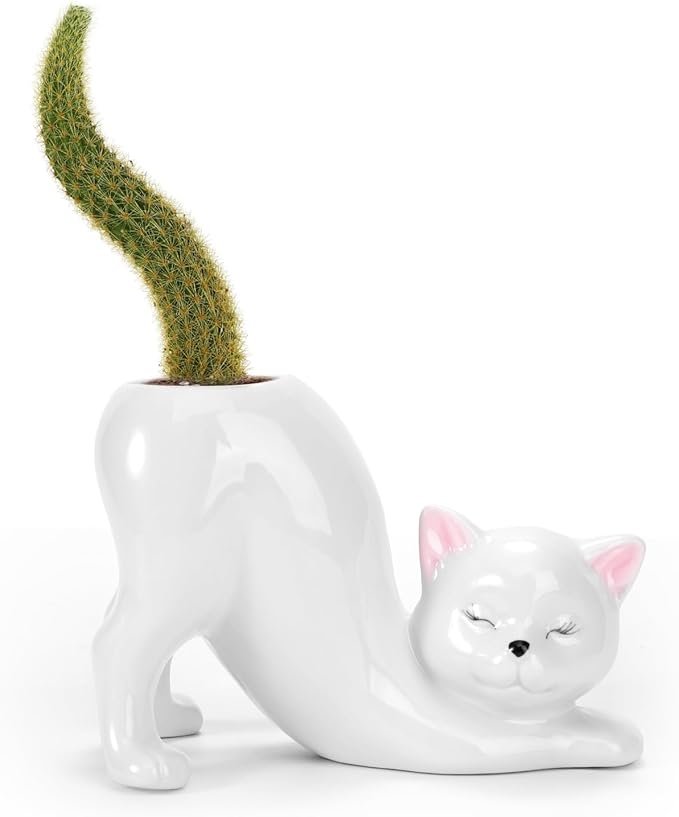 TOIVO Unique Cat Planter Pot，Indoor and Outdoor Plant Displays，Funny Ceramics Cat Flower Pot，Gifts for Cat Lovers，Lovely Office Desk Room Home Decor (White, Small)