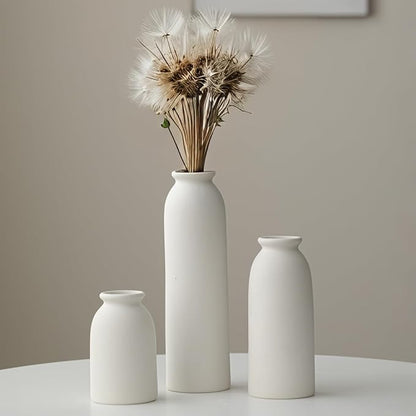 10.6 inches Tall Decorative Ceramic Vase Set, 3 Pieces, Nordic Modern Boho Style, White, for Home Decor (White)
